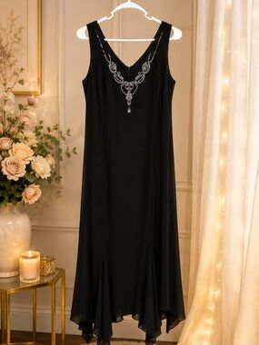 Sleeveless Black Beaded V-Neck Slip Dress